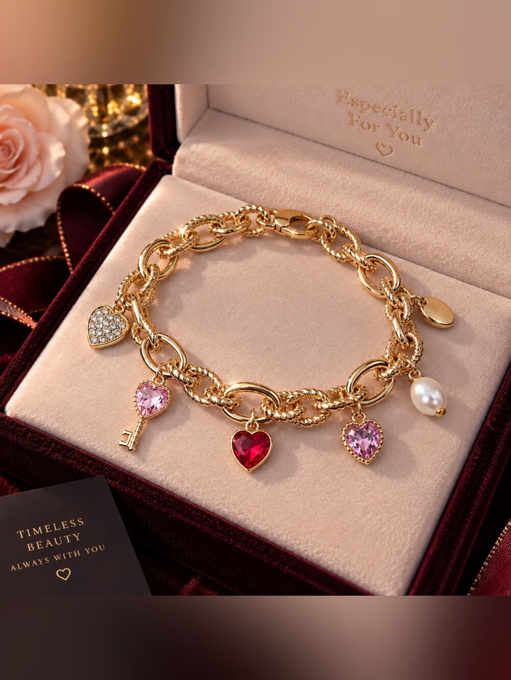 Gold-Tone Designer Charm Bracelet – Hearts, Pearl & Sparkling Stones